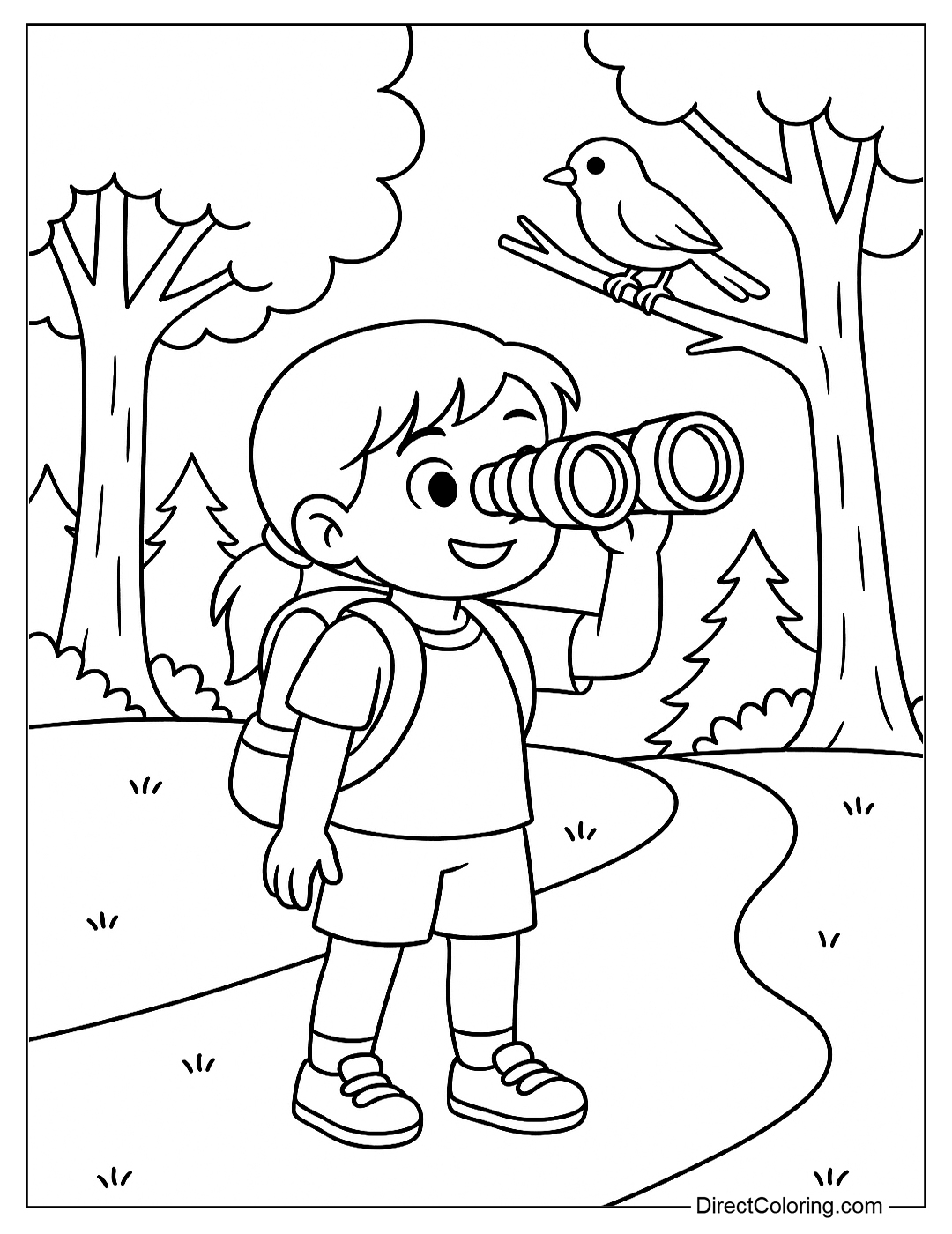 Coloring page of a little girl using binoculars to look for birds in the forest while going to summer camp.